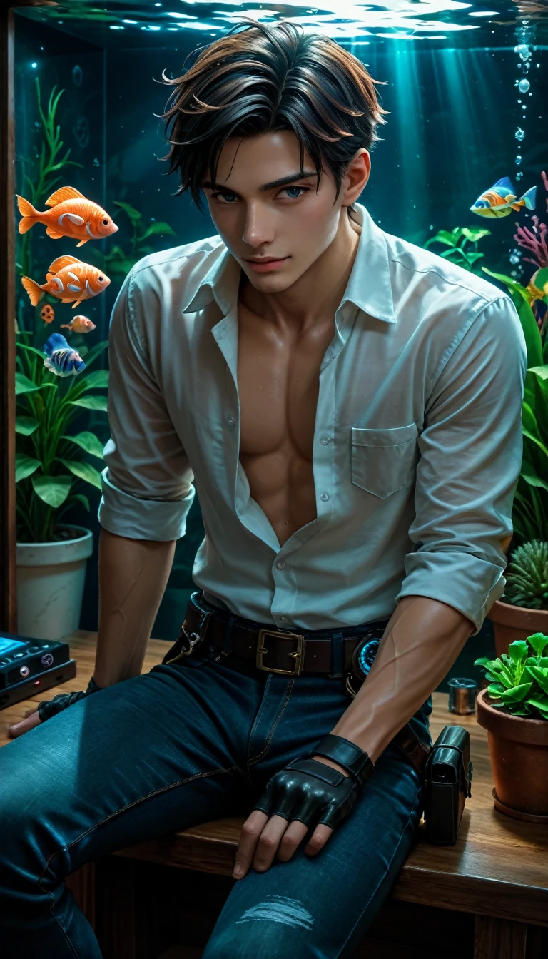 (score_9, score_8_up, score_7_up) man ((with dark gray eyes)),  black short hair , in a white shirt unbuttoned at the chest, with a holster , shirt tucked into black jeans,  in his arms he wears black fingerless leather gloves,  sits on a chair in a very dark room with  (full-wall aquarium ,  A beautiful blue elite aquarium , with little fishes), esthetically pleasing, beautiful, realistic, close-up, professional photo, 4K, high resolution, high detail, 30mm lens, 1/250s, ISO 100, pixel graphics, bright lighting,