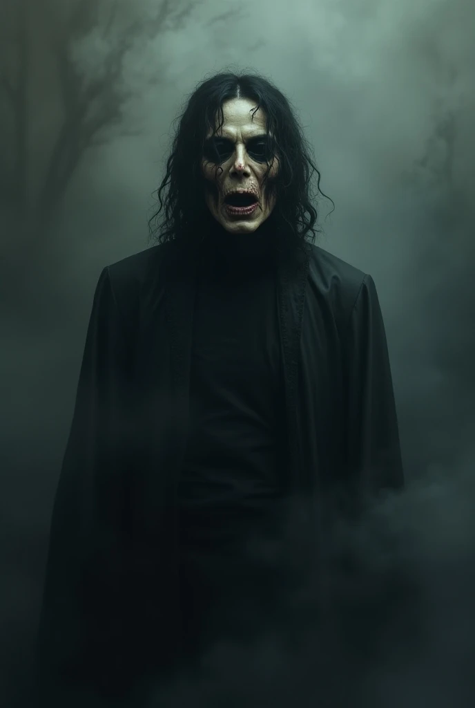 A ghost-like man with a gloomy face , a long smile and curly hair