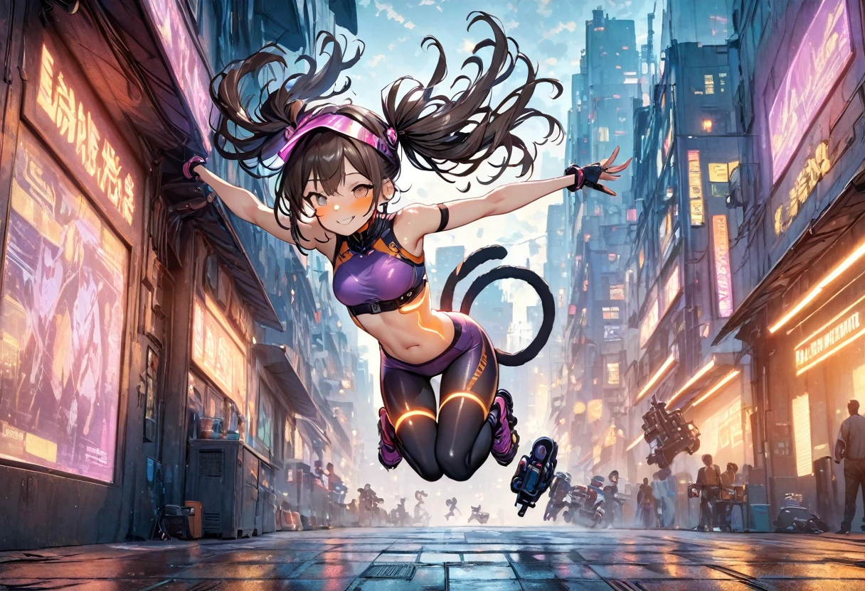 (masterpiece, best quality, ultra detailed, high resolution, detailed facial description), (1 woman:1.3), cute face, slant eyes, (dark brown hair, twin tails), (A mechanical visor shaped like a cat's face:1.5), (purple body wear, Body wear that shows your navel, body wear with orange glowing lines:1.2), (purple bike shorts, Bike shorts with glowing orange lines:1.2), Two tails made of machinery are attached to its back:1.2, inline skates, (smile:1.2), (Dynamic posing:1.2, jumping:1.3), cyberpunk