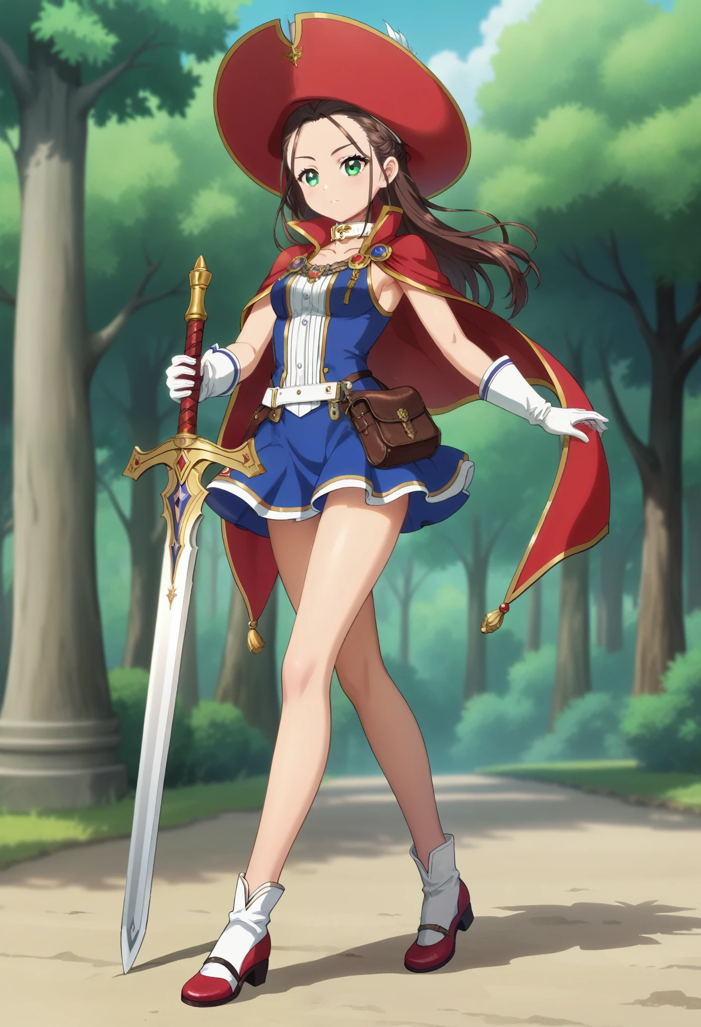 score_9, score_8_up, score_7_up, masterpiece, high res, detailed face, detailed eyes, anime screencap, 1 girl, solo, sword duel pose, tall, slender, brown hair. forehead, grey eyes, long hair, blue outfit, short skirt, musketeer hat, red plume, white collar, bare legs, gloves, outdoors, full body,