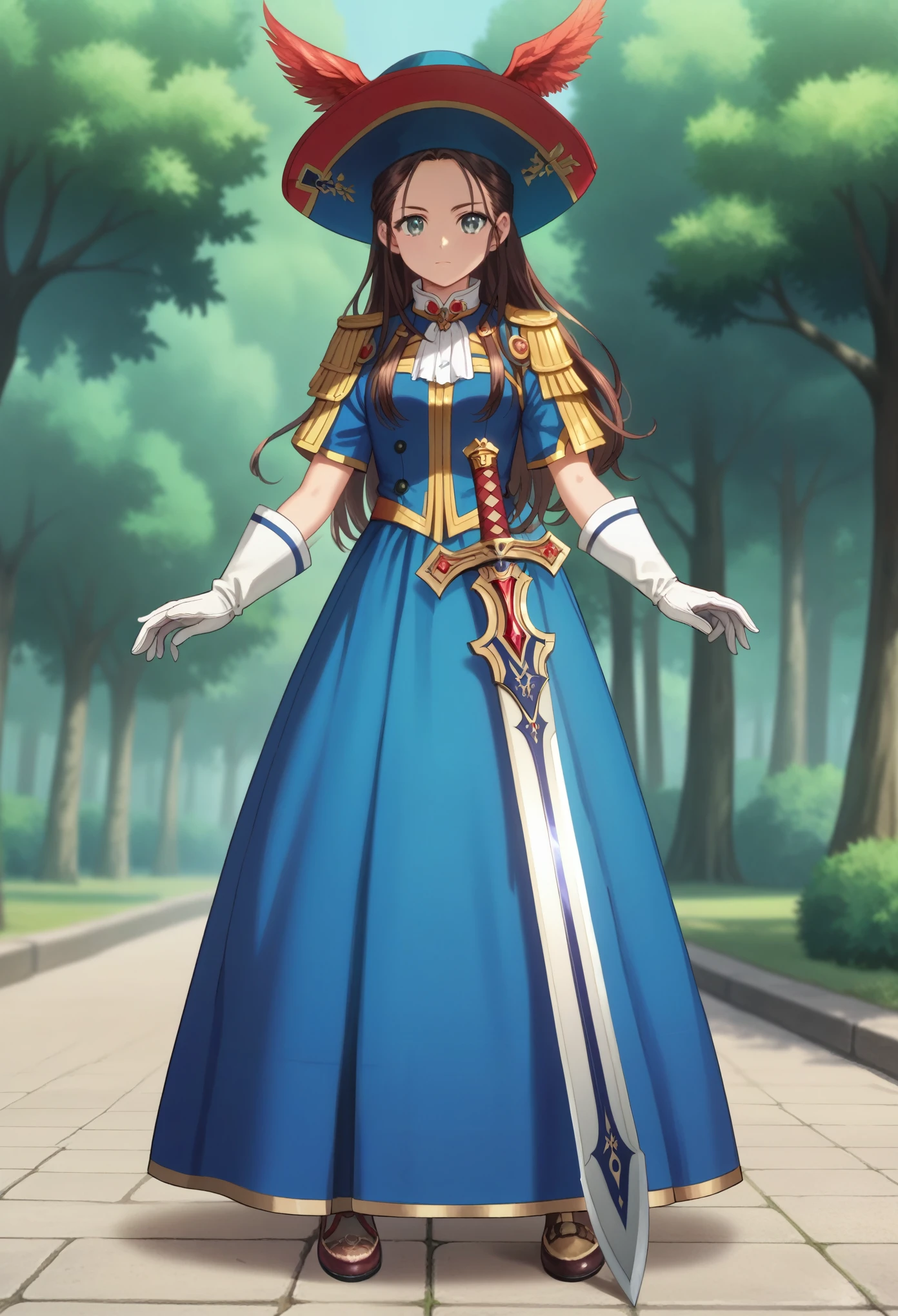 score_9, score_8_up, score_7_up, masterpiece, high res, detailed face, detailed eyes, anime screencap, 1 girl, solo, sword duel pose, tall, slender, brown hair. forehead, grey eyes, long hair, blue outfit, long skirt, musketeer hat, red plume, white collar, gloves, outdoors, full body,