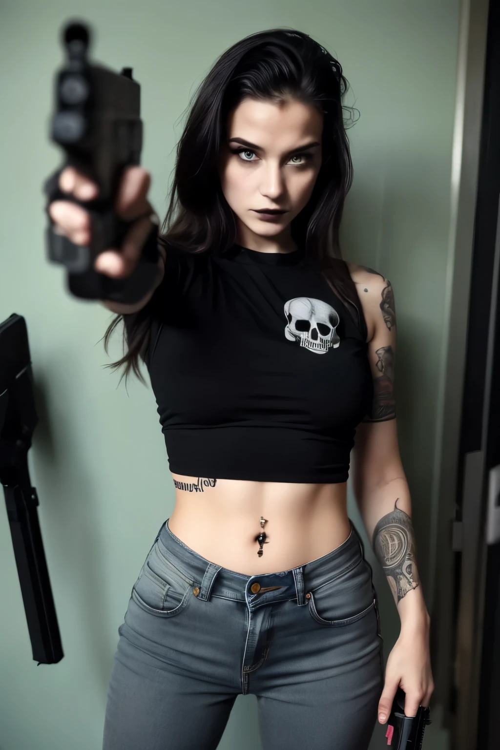 Young goth, (aged 18:1.6), wearing a black crop top with a skull design and jeans, ((holding pistol)), in the background a worn gray wall, big boobies, muslos grandes, Demonic tattoos