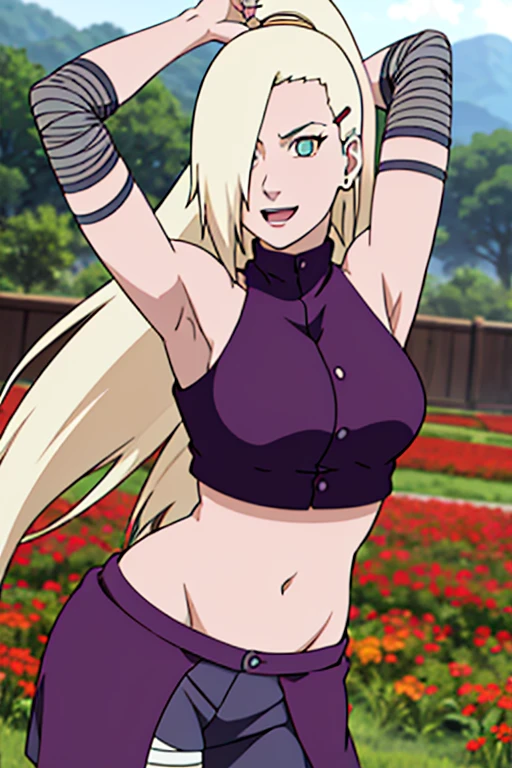 (arms up), Ino yamanaka, looking at the viewer, gorgeous, attractive, groin, cowboy shot, ultra detailed face, sunny day, day time, upper body view, anime style, solo, detailed flower field, blonde, (focus on face), ((one eye covered with hair, hair over eye)), medium breasts, belly button, looking at the viewer, thick arms, (off-shoulders, wide shoulders, curving body), hidden eye, smile, open mouth, very happy, tall, hair clip, sharp look, sharp face, sharp eye, cold colors,
