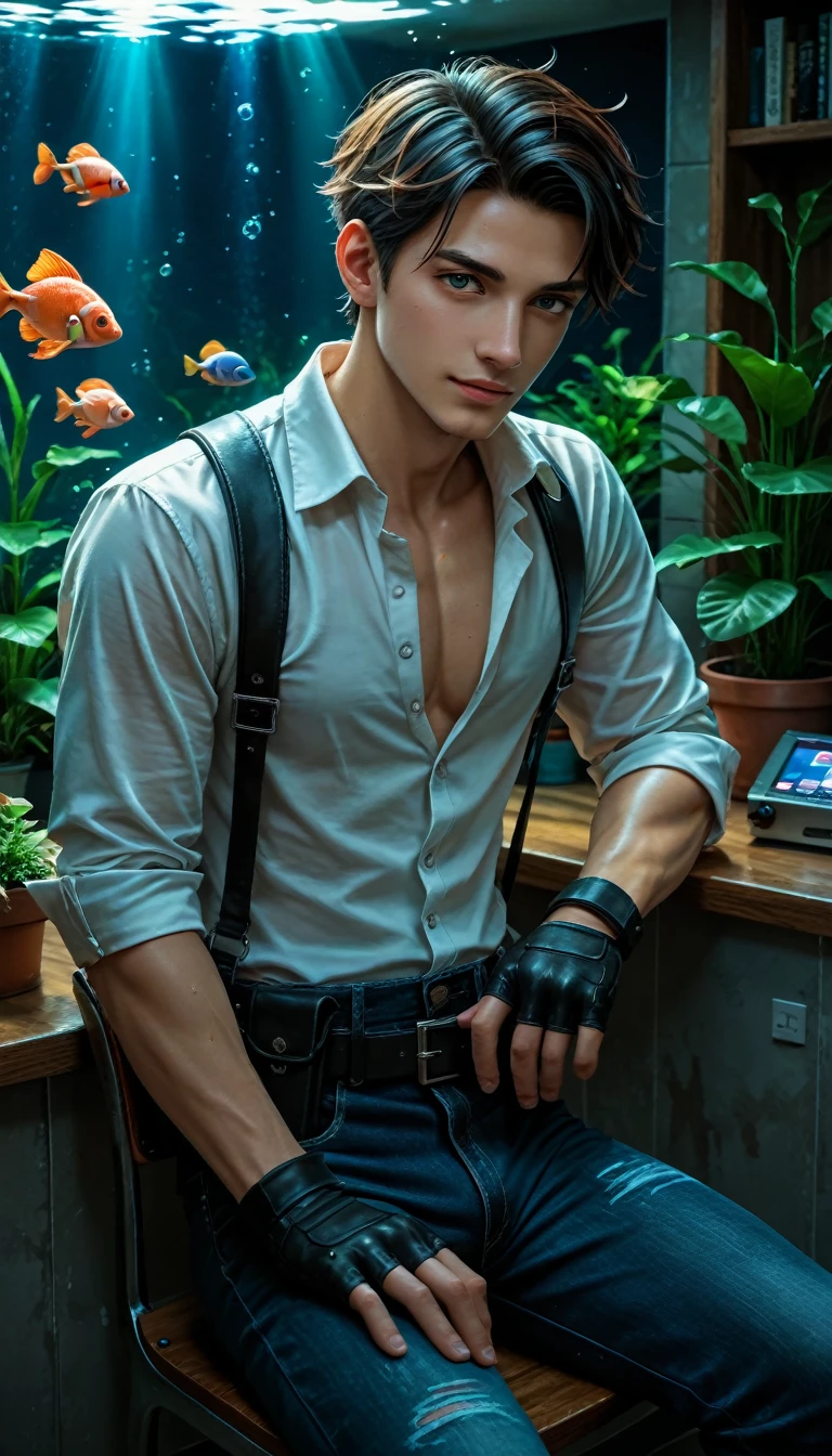 (score_9, score_8_up, score_7_up) man ((with dark gray eyes)),  black short hair , in a white shirt unbuttoned at the chest, with a holster , shirt tucked into black jeans,  in his arms he wears black fingerless leather gloves,  sits on a chair in a very dark room with  (full-wall aquarium ,  A beautiful blue elite aquarium , with little fishes), esthetically pleasing, beautiful, realistic, close-up, professional photo, 4K, high resolution, high detail, 30mm lens, 1/250s, ISO 100, pixel graphics, bright lighting,