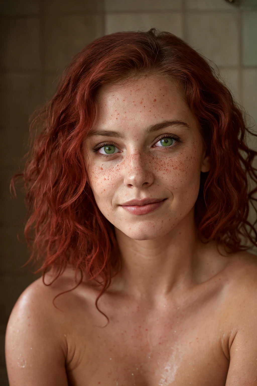 (close-up, editorial photograph of a 30 year old woman), (highly detailed face:1.4) (smile:0.7) (background inside dark, moody, private study:1.3) POV, by lee jeffries, nikon d850, film stock photograph ,4 kodak portra 400 ,camera f1.6 lens ,rich colors, hyper realistic ,lifelike texture, dramatic lighting , cinestill 800, wavy hair, messy hair, curls, Mischievous smirk, Red hair, green eyes, freckles, Red Aura, European woman, European skin, European expression, naked body, Athletic body, bathroom, shower