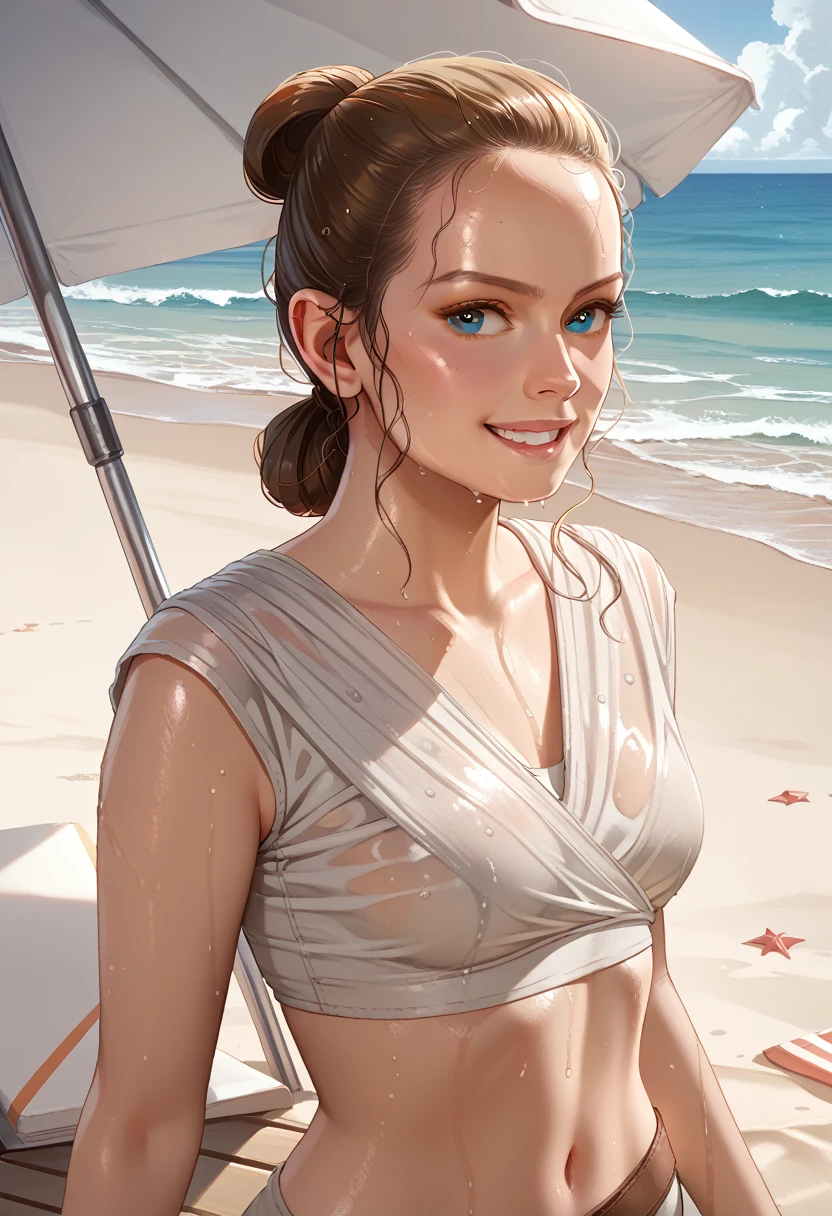 score_9, score_8_up, score_7_up, score_6_up, 1girl, rey skywalker, ((crop top)), beach background, ((wet)), (smile)
