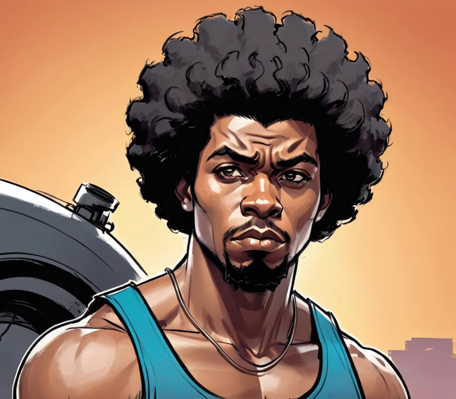 Cartoon of a man with an afro hair and a tank top, epic portrait illustration, black man with afro hair, a portrait of the character, in digital illustration style, detailed. digital painting, high quality portrait, closeup character portrait, detailed character portrait, epic digital art illustration, highly detailed character, Wakanda, T'Challa, stylized portrait, character art portrait, Marvel comics, DC comics.