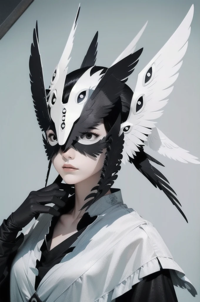 masterpiece, best quality, high quality, bibangelmask, winged face, mask wings, black eyes, extra eyes, horror (theme), multiple wings on face, beautiful, solo, helmet, 