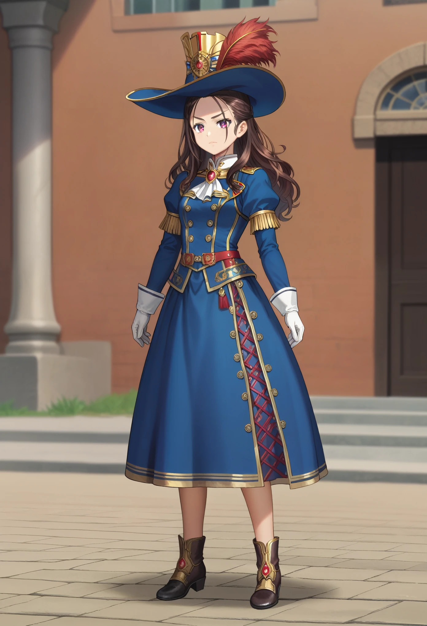 score_9, score_8_up, score_7_up, masterpiece, high res, detailed face, detailed eyes, anime screencap, 1 girl, solo, grim, rapier duel pose, tall, slender, brown hair. forehead, grey eyes, long hair, blue outfit, skirt, musketeer hat, red plume, white collar, gloves, outdoors, full body,