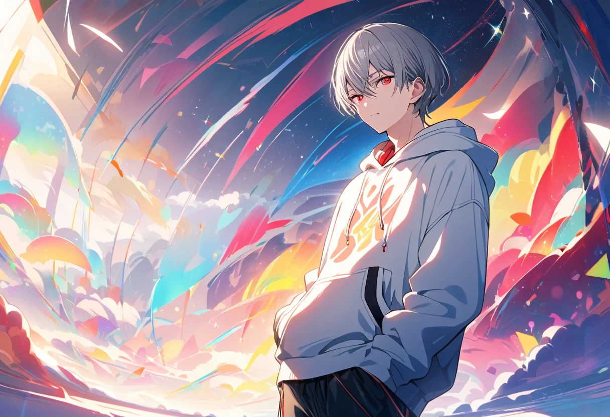  handsome, Alone, 1 male, Gray Hair, Red eyes,  Long Sleeve , white hooded hoodie, noon, White Light,cute目, Short Hairstyle ,cute,Falling from the sky, background with design ,Many colors, sparkling scenery , bright , looking at camera,Making a peace sign,Stylish Background, putting his hands in pockets 