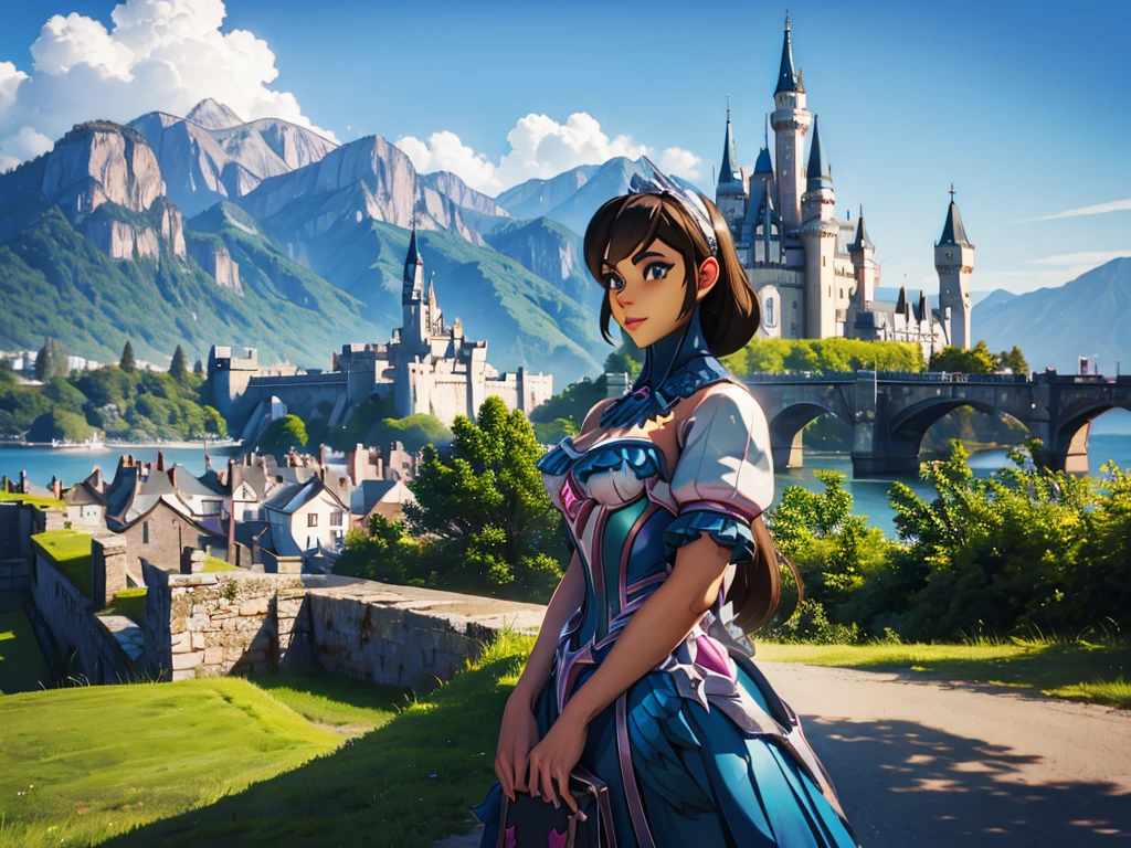 a woman posing for a photo, upper body, castle in the background