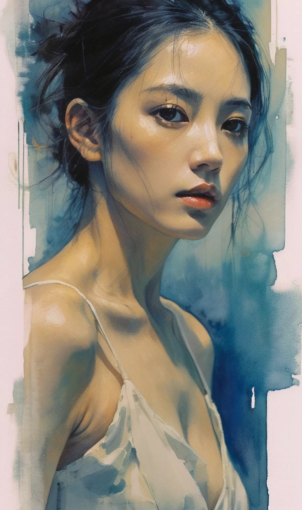 A delicate, 3D water color paint shows a full body naked beautiful Chinese woman, her features rendered in subtle shading and precise lines. The framing is focusing attention on the subject's sweet face, very big eyes, very high nose, thick and long eyebrow, thin and wide lips, sexy look. Soft, feathery strokes convey the gentle texture of her very short hair,  small and firm breasts, bare foot, large pussy,