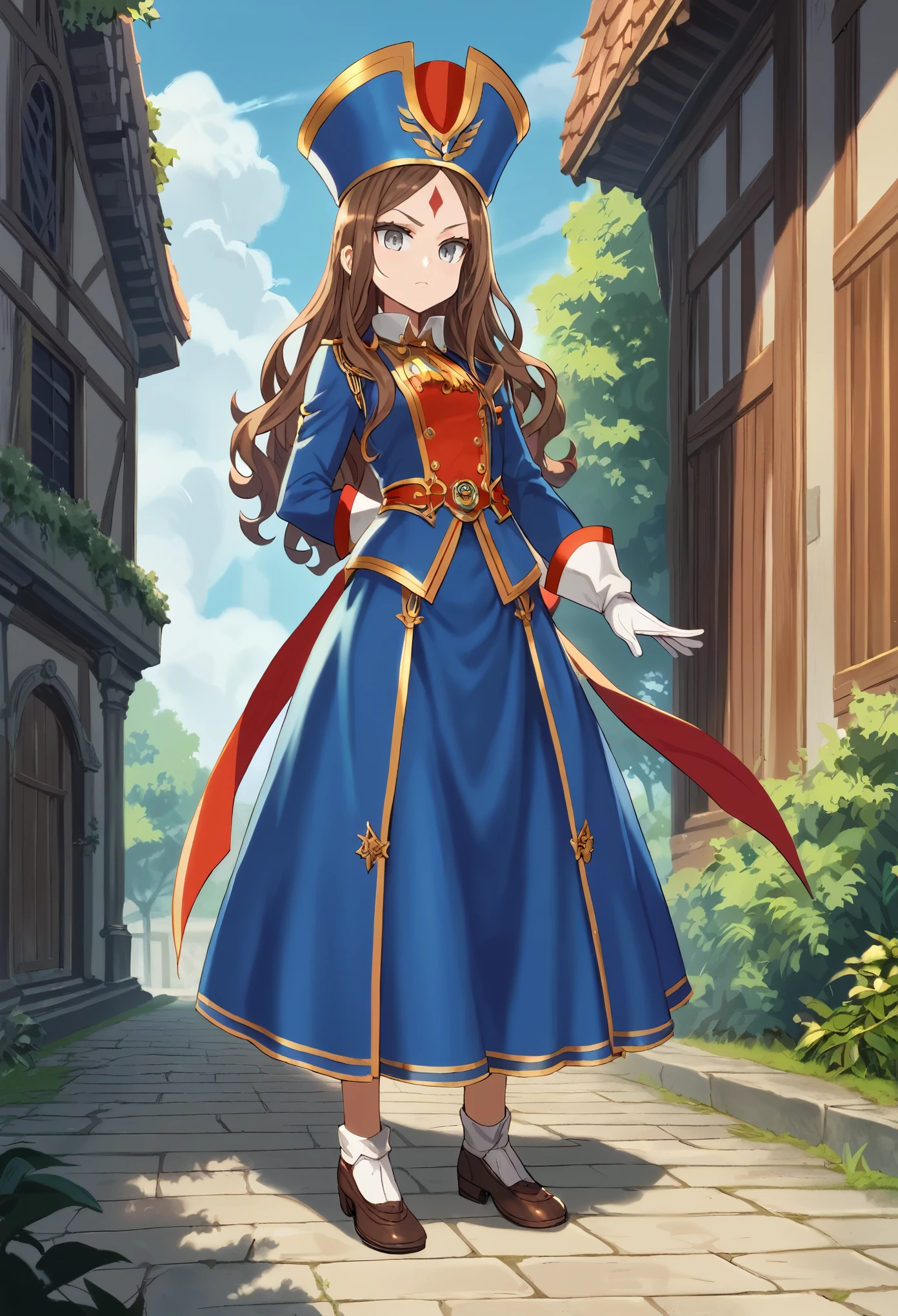 score_9, score_8_up, score_7_up, masterpiece, high res, detailed face, detailed eyes, anime screencap, 1 girl, solo, grim, rapier duel pose, tall, slender, brown hair. forehead, grey eyes, long hair, blue outfit, skirt, musketeer hat, red plume, white collar, gloves, outdoors, full body,