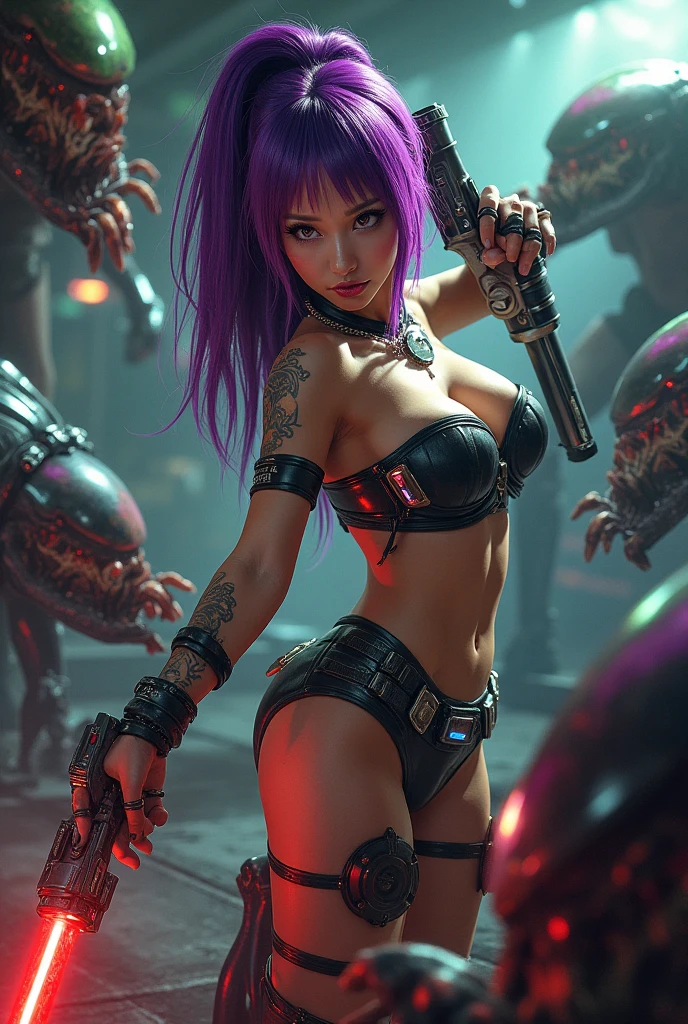 "A detailed 3D Render of a alien Girl dressed as a space ranger, Shooting A Sniper Rifle Lying down in an extraterrestrial landscape adorned with vibrant, otherworldly flowers, Space ship Wreks. Science fiction wonderland, imaginative, space adventure.",More Detail,,Yoko Littner,yl1, ponytail, scarf, bikini top only, short shorts, midriff, belt, fingerless gloves, skull hair ornament, elbow gloves, pink thighhighs