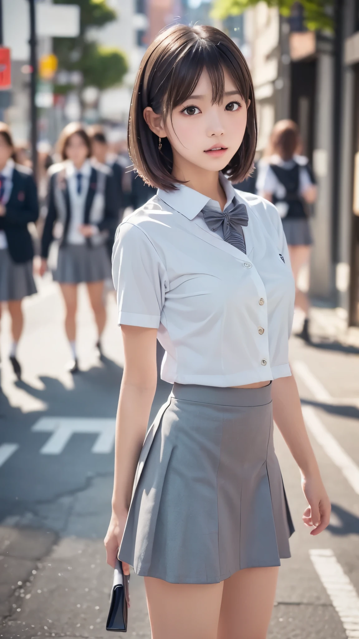 anatomically correct, (school uniform : 1.3), (Micro Mini Skirt Grey Micro Mini Skirt:1.3), Watching the audience, (Crowded street:1.3), Cowboy Shot,

BREAK,
(1girl,solo), (yuichan:1.3), petite, Fine clavicle, neat and cute girl, japanese cute girl, beautiful detailed brown eyes, layered hair, fluffy hair, short hair, bangs, glossy lips, (Fine Face),(Fine Eyes), (Clear Face), (Detailed Face Description), (Detailed Hand Description), Realistic, Extreme Light and Shadow, Shiny Skin,Shiny Hair, BREAK, absurdres, (16K, UHD, Top Quality, Masterpiece: 1.2),(Realistic, Photorealistic: 1.37), Physically Based Rendering,Professional Lighting, Photon Mapping, Masterpiece, Rich Detail, Ultra Detailed, Super detailed, highest quality, intricate details, ultra high resolution, (realistic:1.2),
