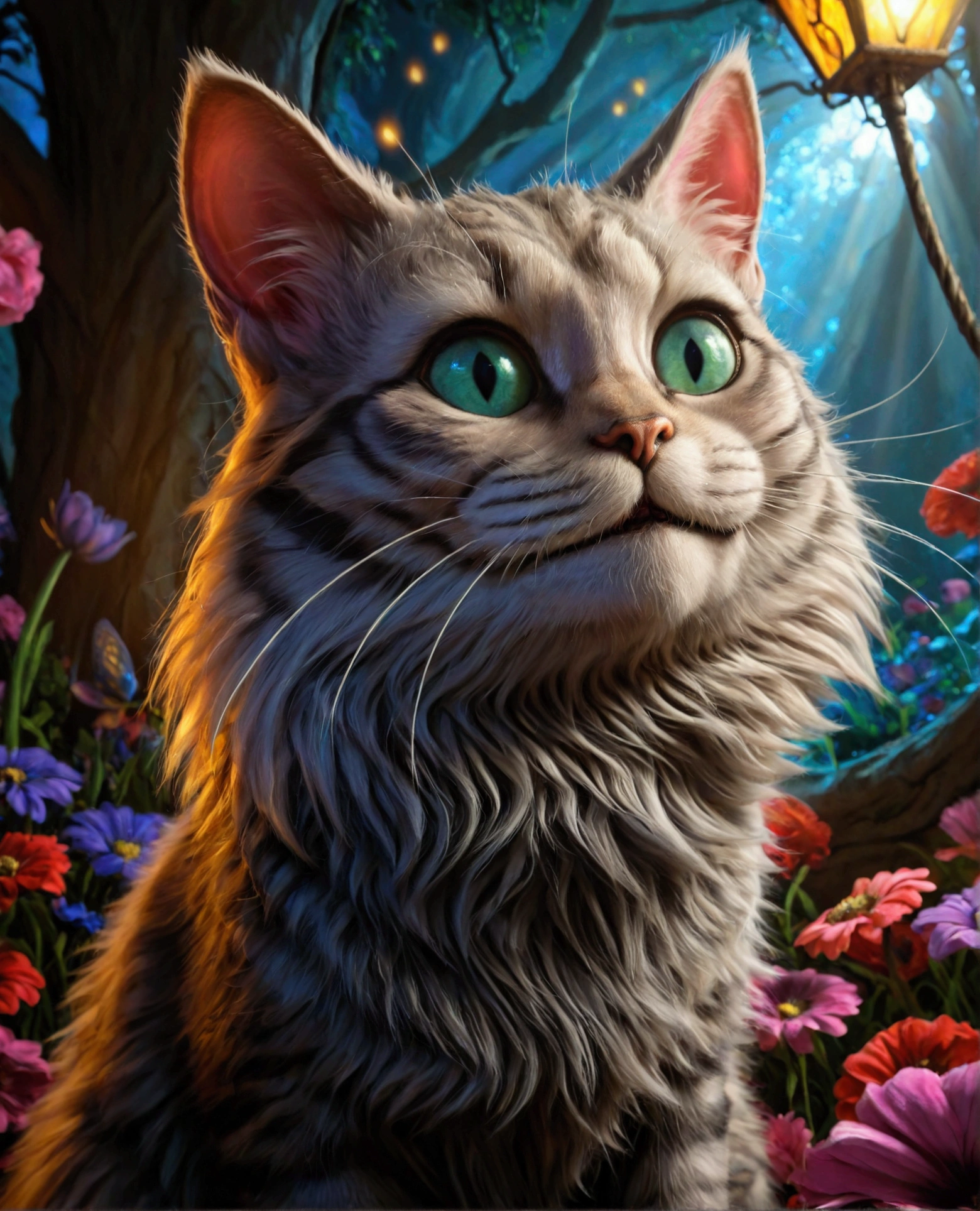 a smiling cheshire cat from the alice in wonderland story, fat cat, realistic highly detailed ultra hd, photorealistic, 8k, beautiful detailed eyes, beautiful detailed fur, sharp focus, dramatic lighting, surreal, fantasy, digital painting, hyperrealistic