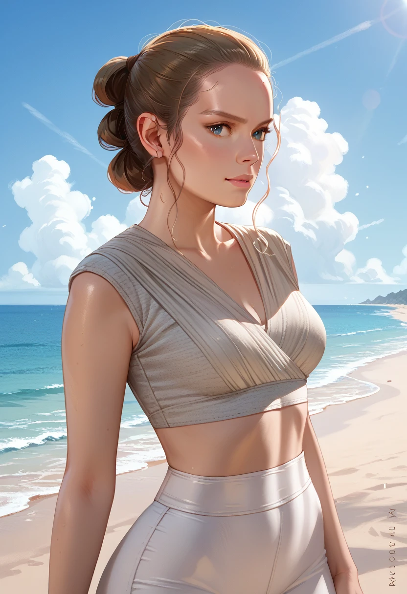 score_9, score_8_up, score_7_up, score_6_up, 1girl, rey skywalker, ((tight crop top)), beach background, ((thin waist))
