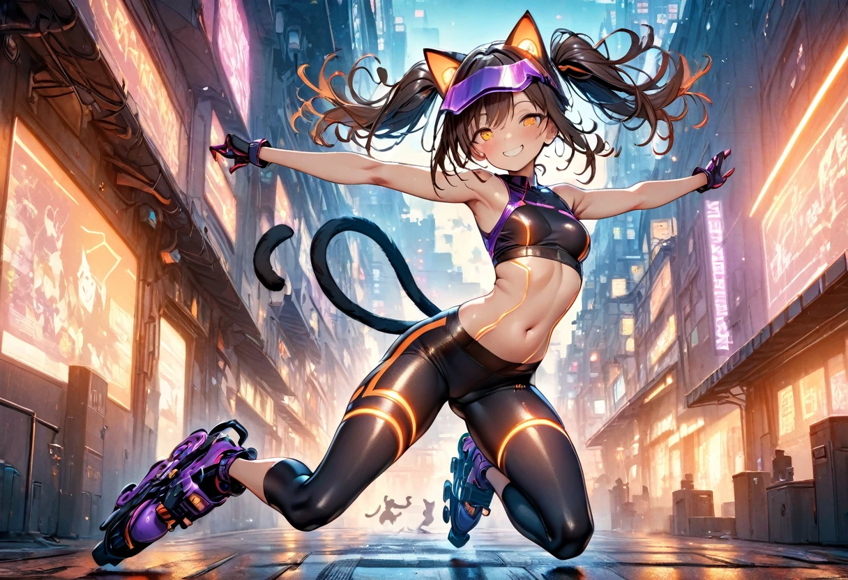 (masterpiece, best quality, ultra detailed, high resolution, detailed facial description), (1 woman:1.3), cute face, slant eyes, (dark brown hair, twin tails), (A mechanical dark violet visor shaped like a cat's face:1.5), (dark violet body wear, Body wear that shows your navel, body wear with fluorescent orange glowing lines:1.2), (dark violet bike shorts, Bike shorts with glowing fluorescent orange lines:1.2), Two tails made of machinery are attached to its back:1.2, inline skates, (smile:1.2), (Dynamic posing:1.2, jump high:1.3), cyberpunk