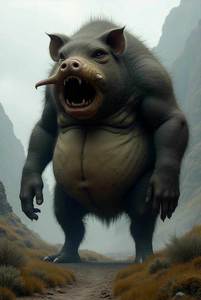 Create an image of an orc. It is a large, exceptionally stout and bulky creature with a body that is significantly overweight. The orc has a pig-like head with a broad, flat snout and large, protruding tusks. Its skin is a rough, grayish-green color. The orc’s mouth is open, revealing a slobbering, gaping maw filled with drool. It is standing in a grassy field, surrounded by tall grass and wild vegetation. The orc’s ample body and heavy build should be evident, and it is in a menacing stance, as if ready to charge or attack. The background should show the open, expansive field to emphasize its presence in the natural environment.