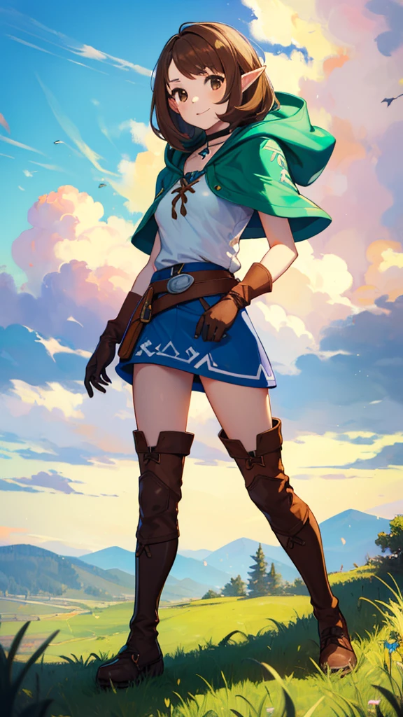 (masterpiece, best quality:1.2), 1girl, pokemon trainer gloria, happy face, looking at horizon, escaping from a enemies, medium brown hair, brown eyes, green capelet, green hood, leather gloves, skirt, thigh boots, choker, belt, medium breasts, full body, hyrule field breath of the wild, High Quality,