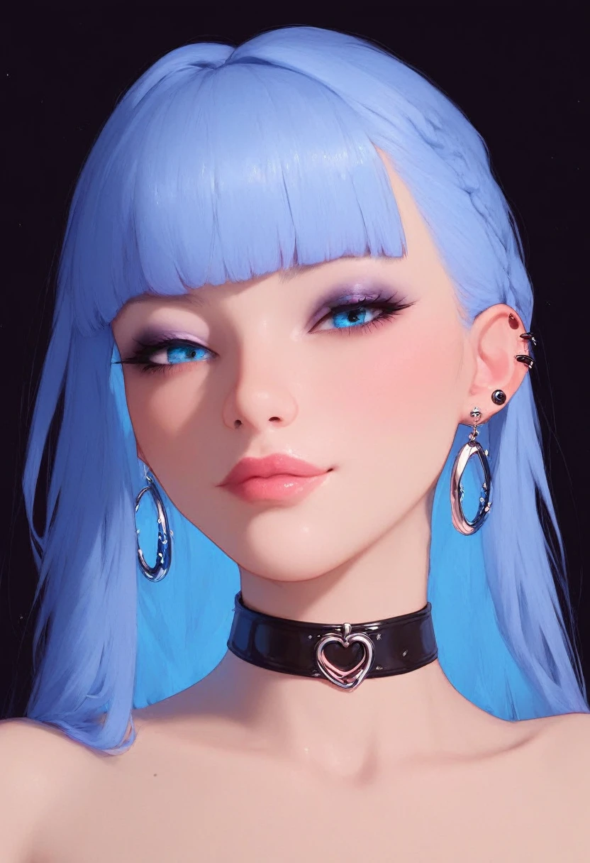 photorealistic portrait of stunning oriental goth woman, long multicoloured hair, platinum with blue and red, bangs, lips parted, seductive, sultry, lustful, choker, long earrings, sexy blouse, silhouetted, light hitting one side of face, the other side in darkness