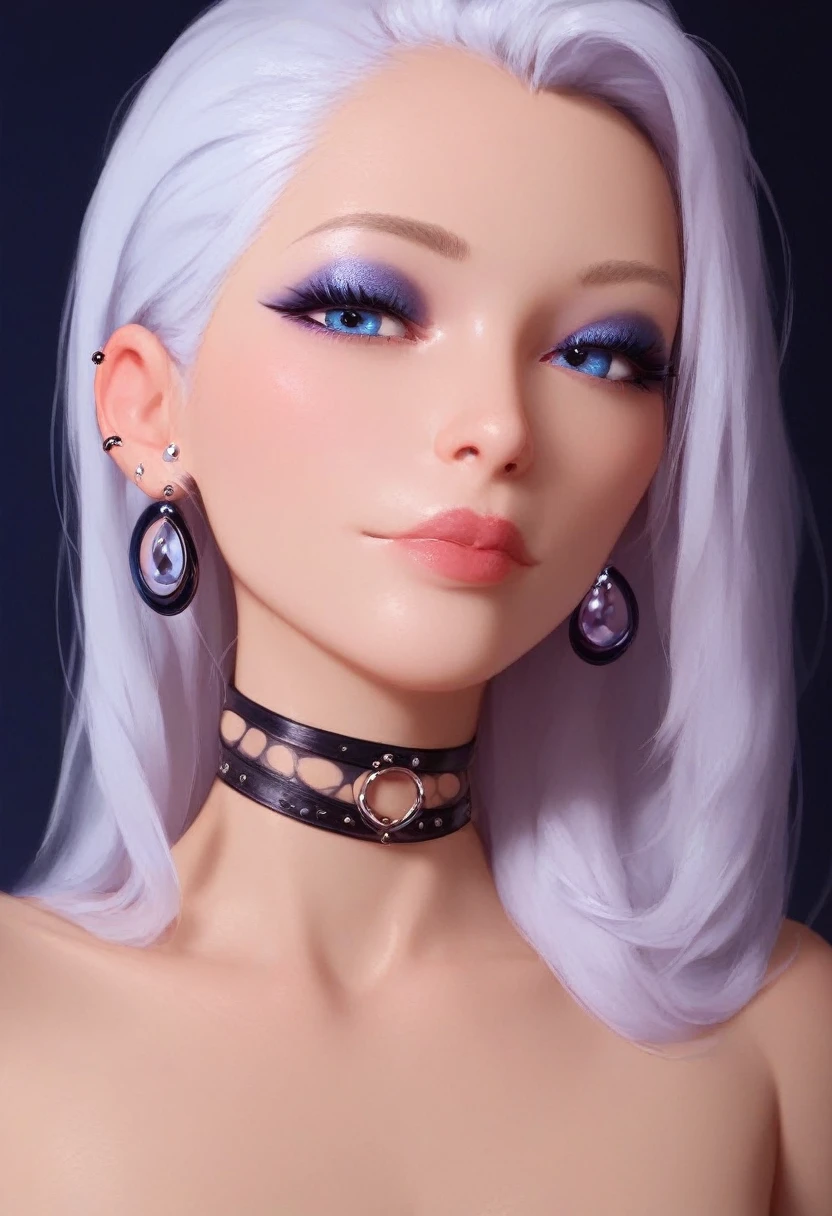 photorealistic portrait of stunning oriental goth woman, long multicoloured hair, platinum with blue and red, bangs, lips parted, seductive, sultry, lustful, choker, long earrings, sexy blouse, silhouetted, light hitting one side of face, the other side in darkness