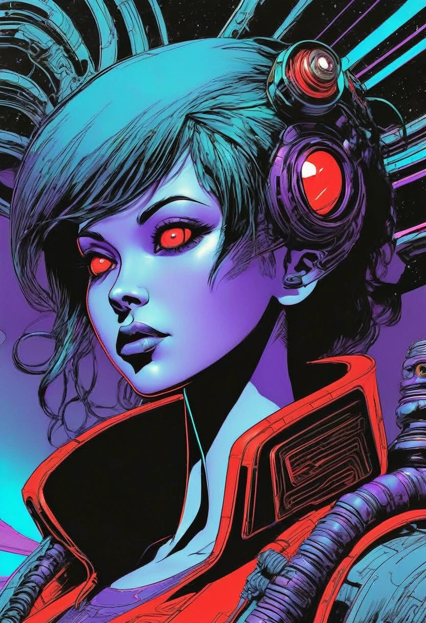 ((best quality)), ((masterpiece)), (detailed), perfect face of cyberpunk mecha japanese girl, neon red eyes, neon blue body, neon purple hair, ((monochromatic neon red, blue, and purple color palette)), surreal, art nouveau, in the illustrative style of moebius, spaceships, aliens, fantasy, sci-fi, graphic novel, line drawing, french retro, bizarre, gallery worthy, work of uncanny art, ((huge breasts)), ((cleavage)), sexy, submissive, seductive,

