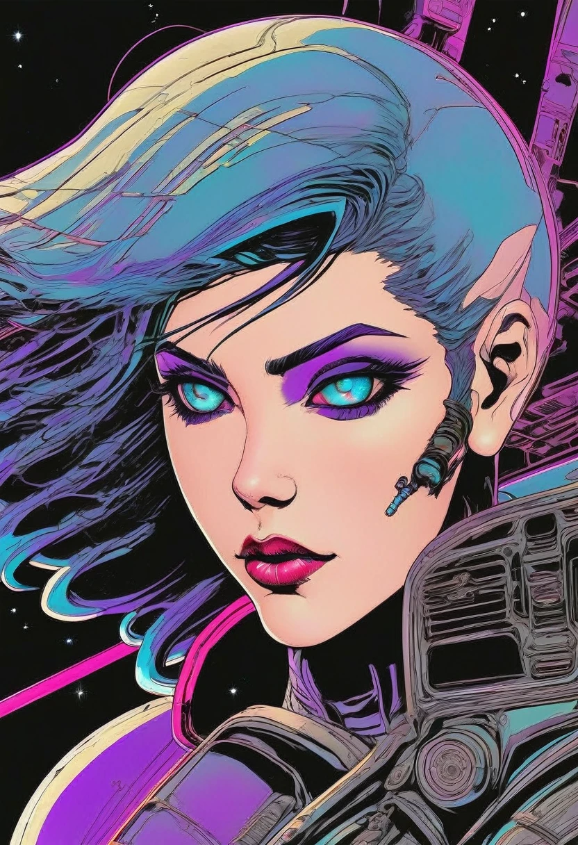 ((best quality)), ((masterpiece)), (detailed), perfect face of cyberpunk mecha japanese girl, neon red eyes, neon blue body, neon purple hair, ((monochromatic neon red, blue, and purple color palette)), surreal, art nouveau, in the illustrative style of moebius, spaceships, aliens, fantasy, sci-fi, graphic novel, line drawing, french retro, bizarre, gallery worthy, work of uncanny art, ((huge breasts)), ((cleavage)), sexy, submissive, seductive,

