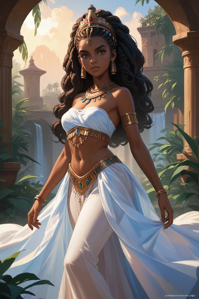 (Masterpiece, Best Quality, Highres:1.2), Detailed, Intricate Details, 4K, 1Girl, (Solo:1.2), jasmine, long hair, breasts, black hair, navel, cleavage, bare shoulders, brown eyes, jewelry, earrings, midriff, dark skin, necklace, off shoulder, blurry, dark-skinned female, crop top, blue shirt, clenched hands, circlet, off-shoulder shirt, arabian clothes, looking at viewer, Princess Jasmine had always been known for her adventurous spirit. Despite living a life of luxury and privilege within the walls of the palace in Agrabah, she had a yearning for something more. She longed for experiences beyond the palace gardens, the bustling marketplace, and the opulent halls of her home. Her heart craved adventure, and on this particular day, that yearning led her to a place she had never ventured before—a hidden cave on the outskirts of the kingdom.
The cave had been a subject of local legends and stories, whispered about by the townsfolk. They spoke of it as a place of mystery and magic, a cavern untouched by time itself. Jasmine, always curious and fearless, decided to explore this enigmatic location, accompanied only by her loyal tiger companion, Rajah.
As she stood at the cave's entrance, Jasmine couldn't help but feel a sense of trepidation. The opening was wide and dark, and an eerie silence enveloped the surroundings. It was as if the cave held its breath, waiting for her to step inside. But she couldn't resist the allure of the unknown. Holding a torch high, she ignited it with a small flame and took her first step into the cavern's depths.
The torch's flame flickered and cast dancing shadows on the rough, uneven walls of the cave. The light revealed ancient markings etched into the stone, symbols of a language long forgotten. Jasmine's eyes sparkled with curiosity as she traced her fingers over the mysterious carvings. The cave seemed to be a place of historical significance, and she was determined to uncover its secrets.