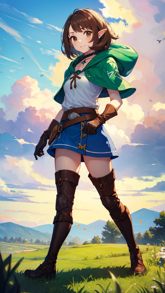 (masterpiece, best quality:1.2), 1girl, pokemon trainer gloria, happy face, looking at horizon, escaping from a enemies, medium brown hair, brown eyes, green capelet, green hood, leather gloves, skirt, thigh boots, choker, belt, medium breasts, full body, hyrule field breath of the wild, High Quality, bow in hand, sword and shield in back,