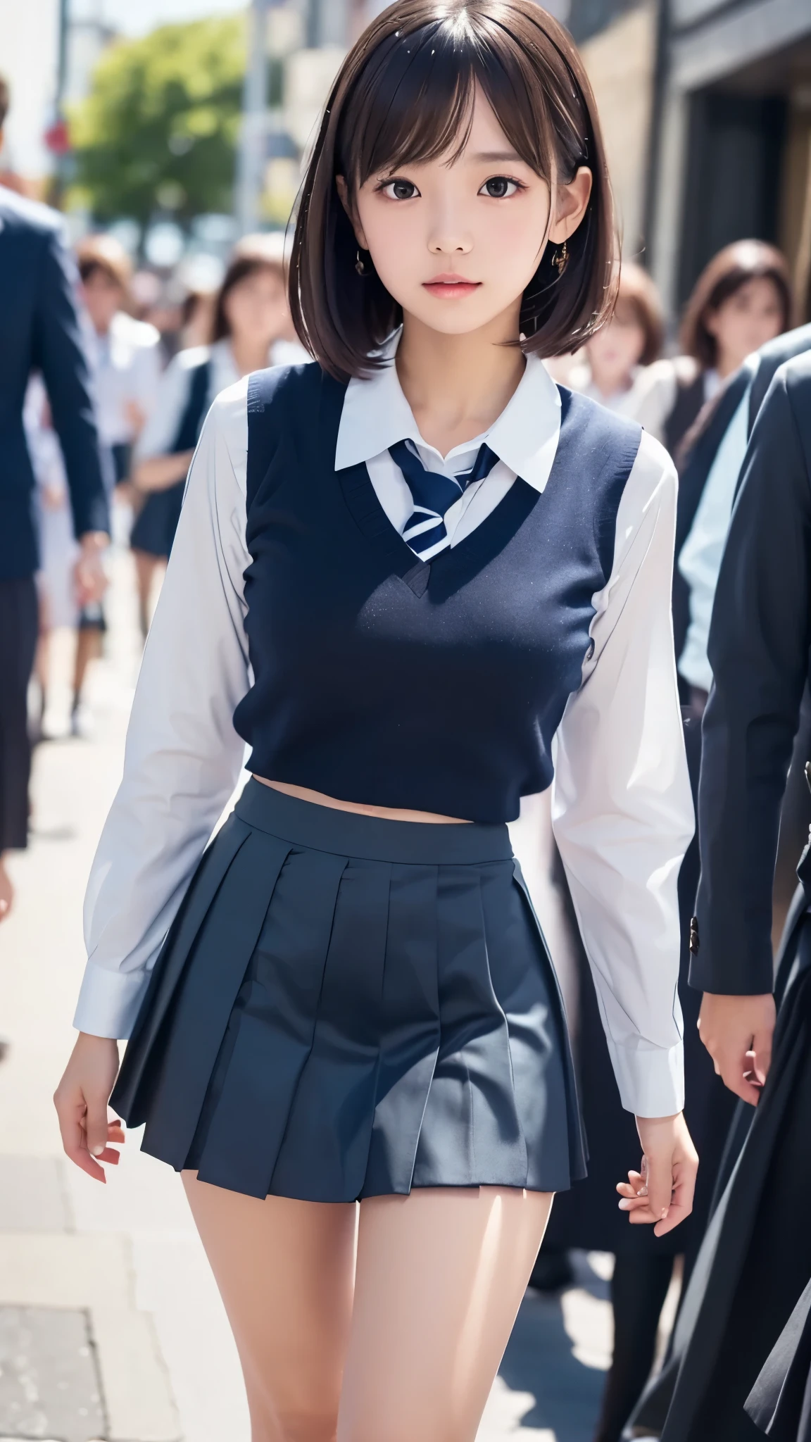 anatomically correct, (school uniform : 1.3), (navy blue Mini Skirt:1.3), Watching the audience, (Crowded street:1.3), Cowboy Shot,

BREAK,
(1girl,solo), (yuichan:1.3), petite, Fine clavicle, neat and cute girl, japanese cute girl, beautiful detailed brown eyes, layered hair, fluffy hair, short hair, bangs, glossy lips, (Fine Face),(Fine Eyes), (Clear Face), (Detailed Face Description), (Detailed Hand Description), Realistic, Extreme Light and Shadow, Shiny Skin,Shiny Hair, BREAK, absurdres, (16K, UHD, Top Quality, Masterpiece: 1.2),(Realistic, Photorealistic: 1.37), Physically Based Rendering,Professional Lighting, Photon Mapping, Masterpiece, Rich Detail, Ultra Detailed, Super detailed, highest quality, intricate details, ultra high resolution, (realistic:1.2),
