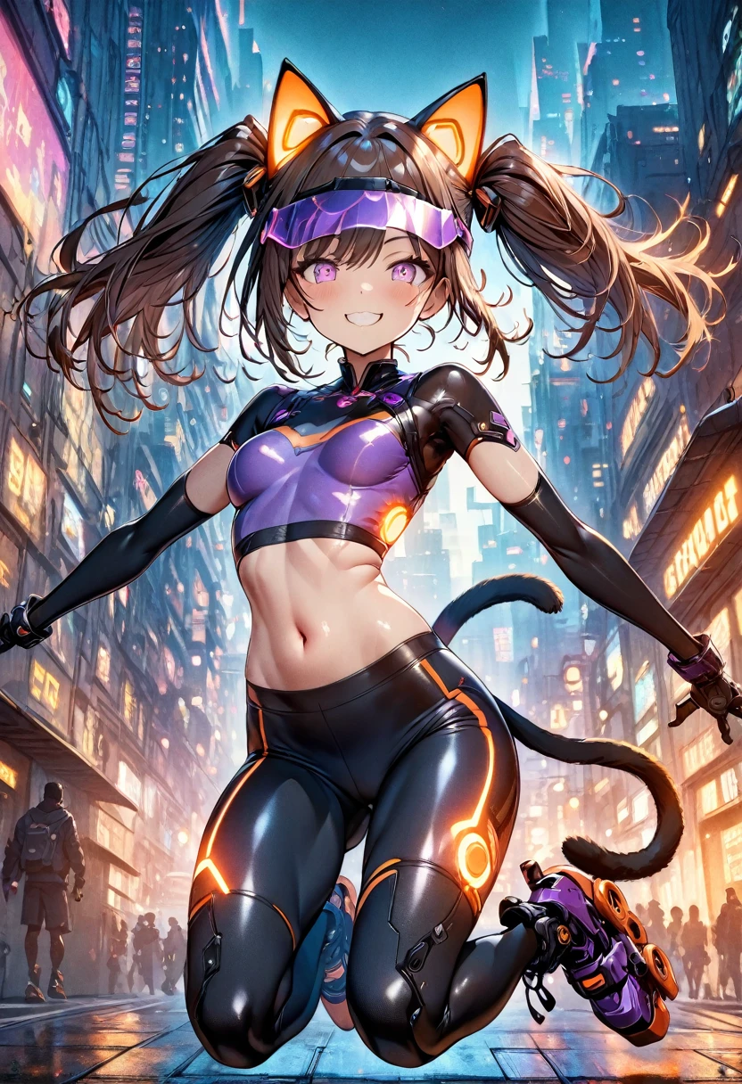 (masterpiece, best quality, ultra detailed, high resolution, detailed facial description), (1 woman:1.3), cute face, slant eyes, (dark brown hair, twin tails), (A mechanical dark violet visor shaped like a cat's face:1.5), (dark violet body wear, Body wear that shows your navel, body wear with fluorescent orange glowing lines:1.2), (dark violet bike shorts, Bike shorts with glowing fluorescent orange lines:1.2), Two tails made of machinery are attached to its back:1.2, inline skates, (smile:1.2), (Dynamic posing:1.2, jump high:1.3), (cyberpunk, skyscraper)