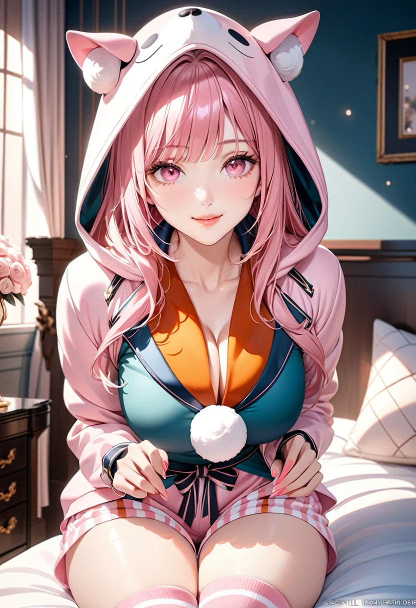 (8K, masutepiece, Best Quality, Official art, beautiful detailed, beautiful lighting, best masterpiece in history that exceeds limits), (1 Girl, Solo), (24 years old), (beautiful detailed face), (shiny white skin), (Beautiful big bust, cleavage:1.3), (beautiful detailed pink hair, Bangs, ribbon:1.3), (beautiful detailed drooping pink eyes:1.5), (gelato pique room wears, winter warm room wears, fluffy cat ears pastel pink hood, loose long sleeves, overly long sleeves, pastel pink fluffy warm brushed wool shorts:1.3), barefoot, (happy smile:1.2), (Attractive, sensational, looking at viewer, cute pose, posing on bed, legs up, stripped pink long socks, showing feet