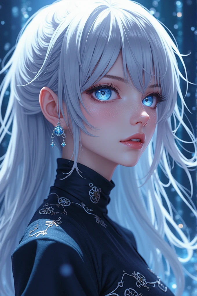 (((Portrait Photo))), She has the Appearance of a Cold and Elegant Woman, with a Slim, Slender Build, Exuding Grace and Poise. Her Extremely Long Silvery White Hair Falls Gracefully Over Her Figure, Reflecting a Subtle Icy Luminescence. Her Piercing Blue Eyes Hold a Depth of Intelligence and Enigmatic Allure, Captivating Anyone Who Meets Her Gaze. Her Expression is Calm and Composed, with a Hint of Indifference and Quiet Strength, Reflecting Her Dignified and Unyielding Presence. (((Dark Background))), (((Portrait Photo))), (((Hair Between Eyes))), (((Black Winter Coat with Fluffy Sleeves and Fur Accents))), (((Winter Hair Ornaments)))