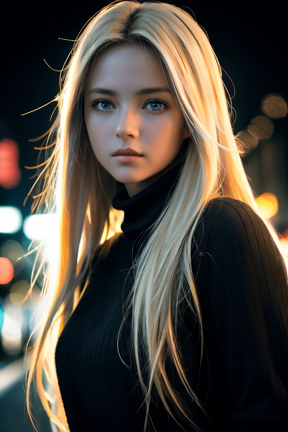 Best quality, masterpiece, ultra high res, (photorealistic:1.4), raw photo, 1girl, long hair, blonde messy hair, detailed eyes and face, black sweater, dynamic lighting, neon light, in the dark, quiet street, deep shadow, low key, cowboy shot