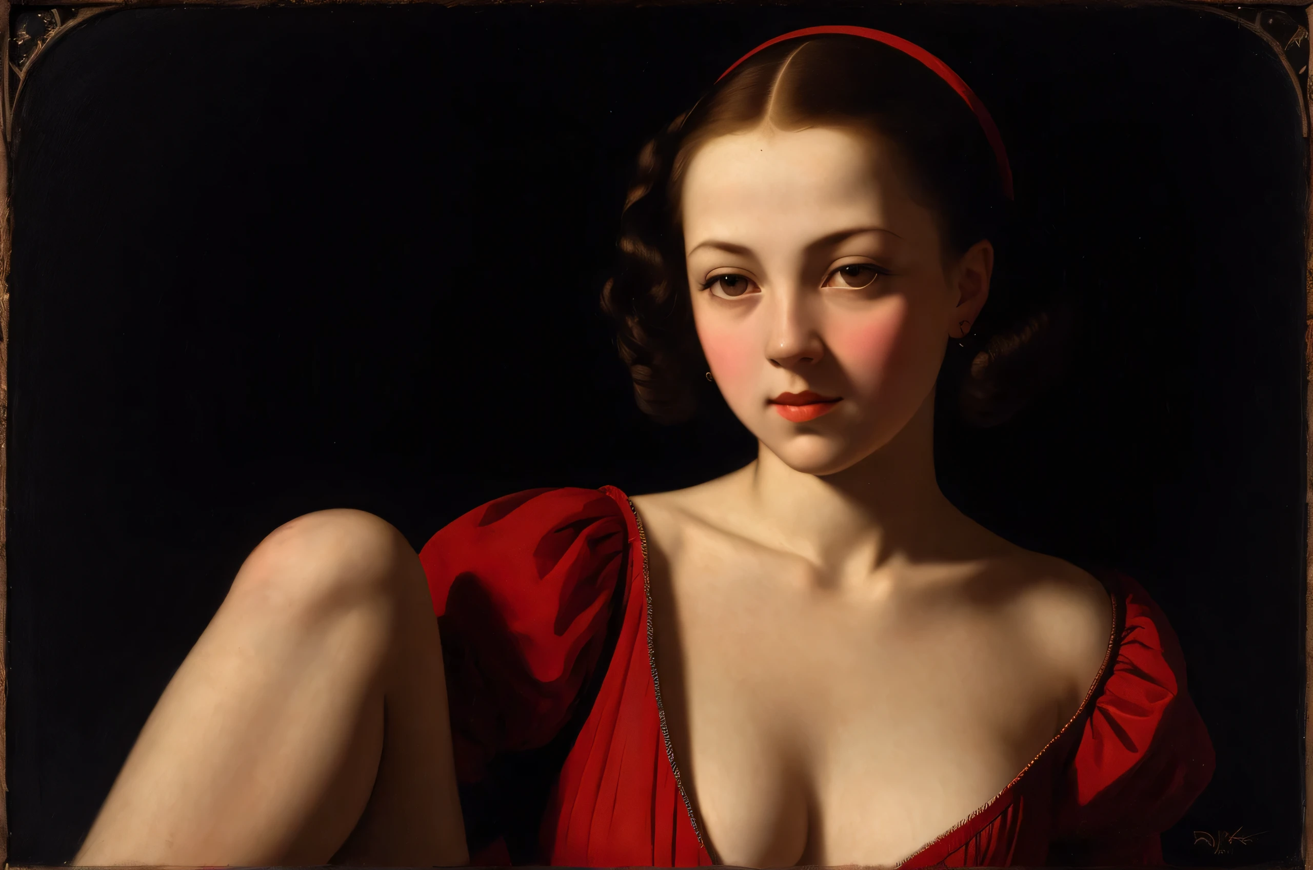 a young woman, 1940s, nude, diamond jewel, lying on sofa, detailed oil painting, photorealistic, chiaroscuro lighting, dramatic shadows, warm color palette, baroque style, masterpiece