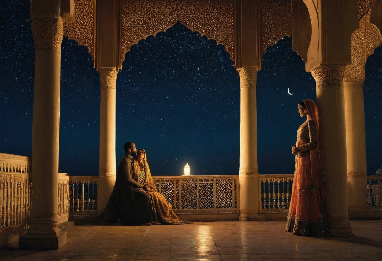 (best quality,ultra-detailed,realistic:1.37),Arabian Nights-inspired romantic villa with luxurious decor and a garden filled with roses. In the midst of it all, there is a tall and dignified young man embracing a cute girl with a look of happiness. Serene, with a crescent moon and galaxy shining in the night sky, the scene is set against a backdrop of a golden desert landscape. The ambiance is filled with a sense of lyrical poetry.