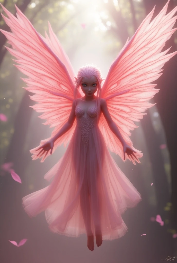 A tall, elegant warrior Angel woman from the Sakurianas species, wearing a unique armor that reflects their abilities and beauty. The armor is lightweight, made of petal-like material that is 100 times stronger than diamond but appears delicate and organic. The armor has a shimmering pink and white color scheme, resembling the natural hues of Sakura petals. The chest plate and shoulder guards are adorned with intricate floral patterns that look like blooming Sakura flowers. The helmet is sleek, with a visor shaped like overlapping petals, and the whole armor has a flexible, almost fluid-like appearance. The armor also has glowing veins of energy running through it, matching the regenerative and powerful nature of the wearer. The background is a mystical forest, with falling Sakura petals around the warrior.