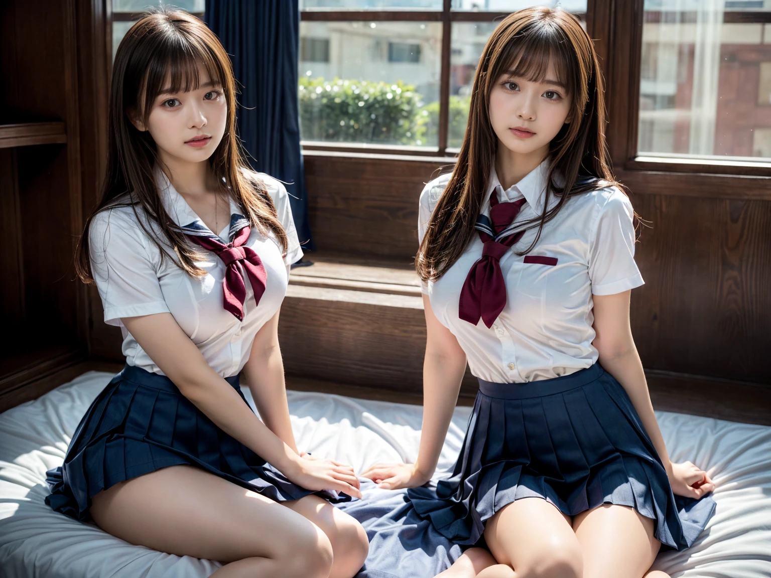 (RAW photo, 4k, masterpiece, high resolution, extremely complex) (realistic: 1.4), cinematic lighting
((2 girls, 2 schoolgirls)),Slam Dunk's,blushing,((innocent)),(Dark makeup),bright eyes,round eyes,blunt bangs,(straight hair:1.3),black hair,large breasts,wide hips,Summer Noon, 20 year old girl、cute type、lolita,Hot, (Best Quality), (Highres), (an Extremely Delicate and Beautiful),(Beautiful 8k face),(Brown eyes),short bob hair,( spectators),(gigantic breasts),(Play with each other,Touching each other's bodies,Touching the body),(Japanese high school uniform:1.3),blue skirt,(reality),bright lighting,(The background is a luxury hotel room)