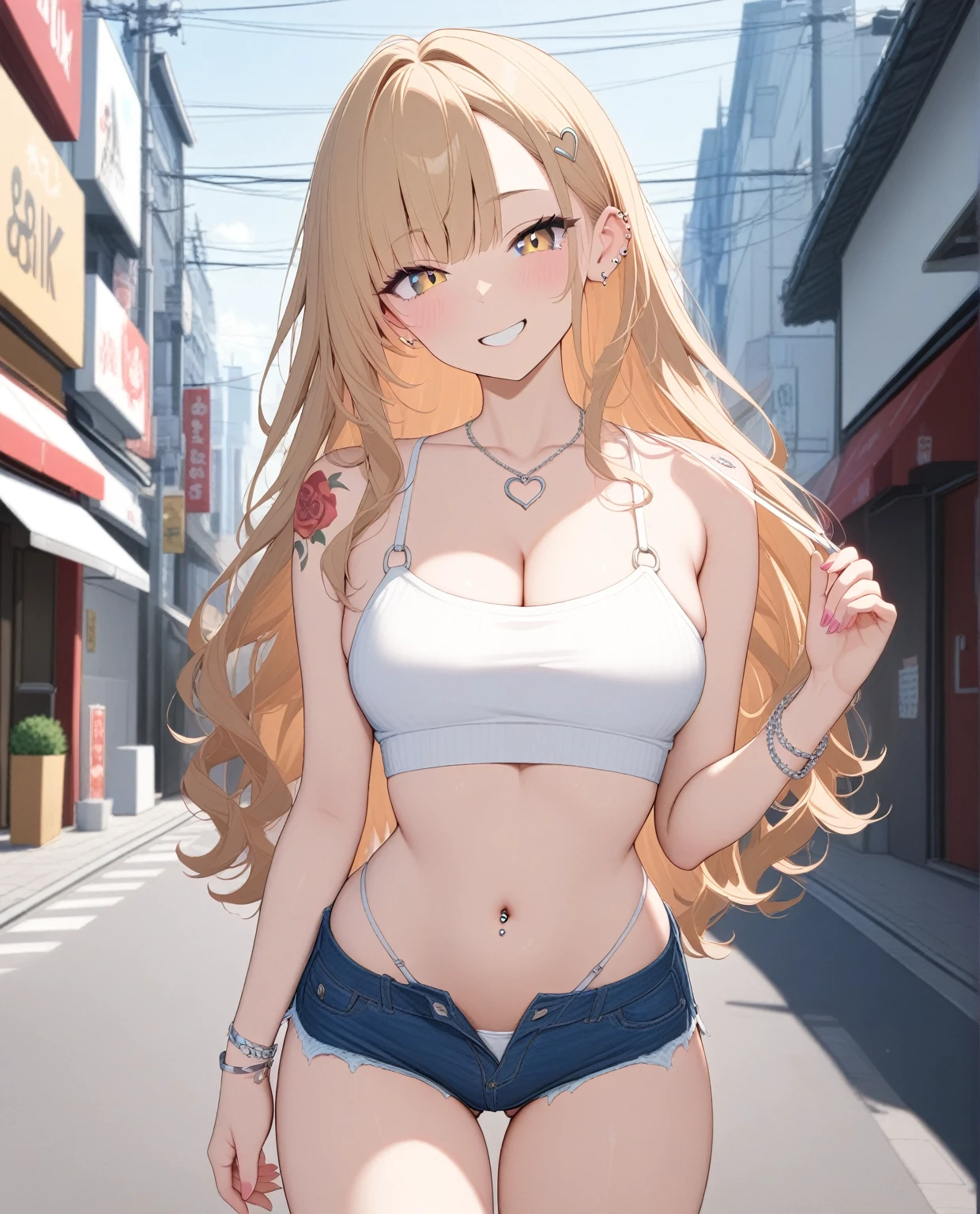 (8K:1.5),bitch,1girl,big smile,front view,cowboy shot,Dark blonde hair, long hair, wavy hair ends, eyeliner, mascara,looking at viewer,(Heart tattoo on the chest), (tattoo on shoulder),sexy,,Ear piercing, navel piercing,silverpendant,Silver Bracelet, clean fingers,micro-mini shorts,Tokyo Streets,Navel-baring, 