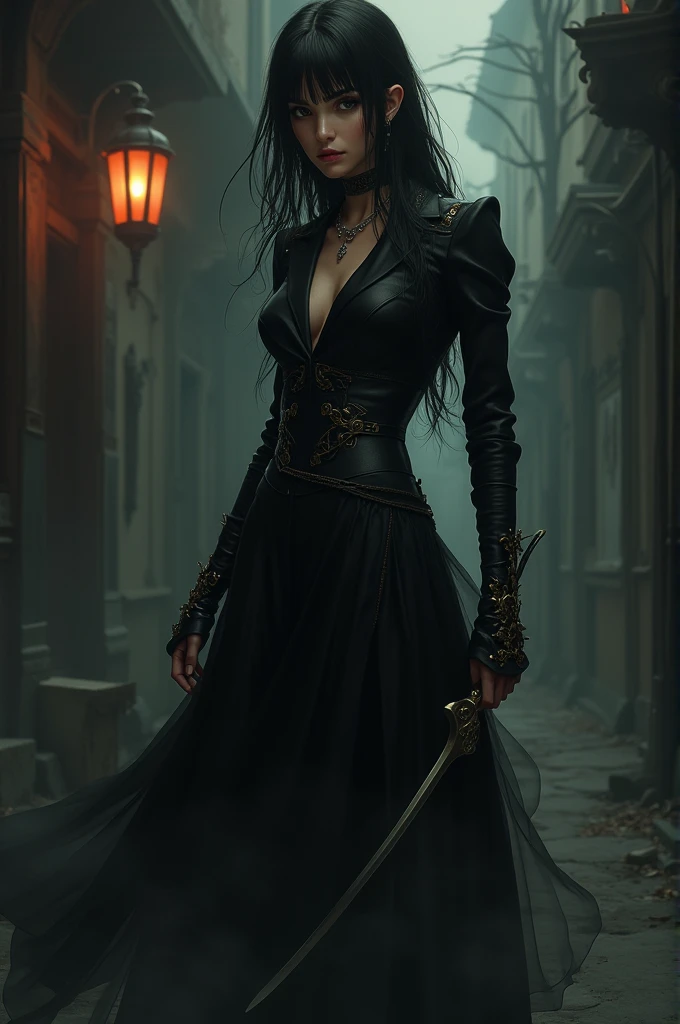 Woman in long black dress, ruby earrings, black hair london, furious holding a dagger