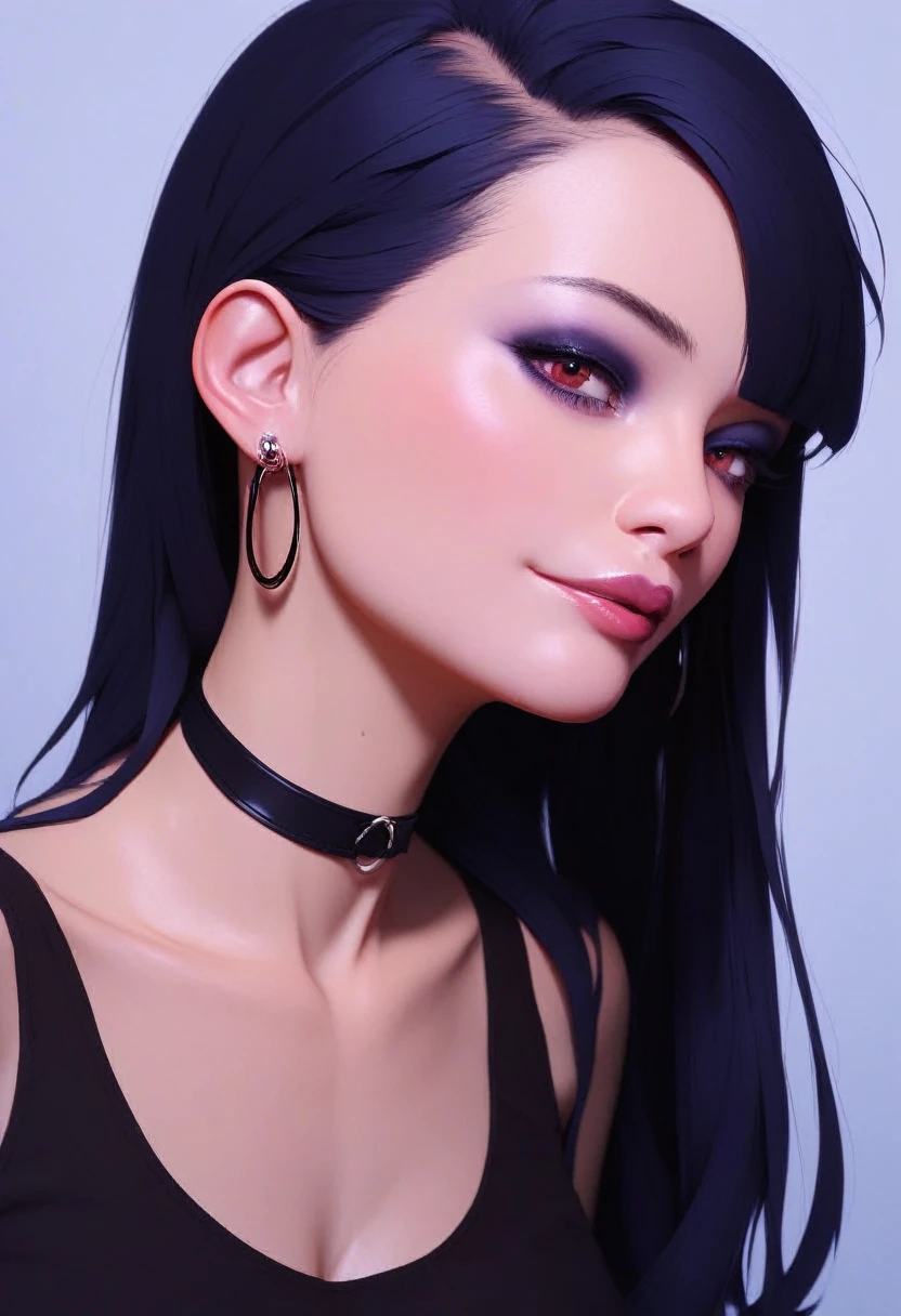 photorealistic portrait of stunning oriental goth woman, long multicoloured hair, platinum with blue and red, bangs, lips parted, seductive, sultry, lustful, choker, long earrings, sexy blouse, silhouetted, light hitting one side of face, the other side in darkness