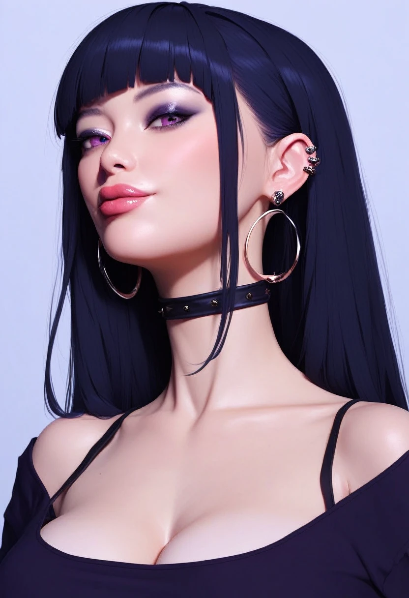 photorealistic portrait of stunning oriental goth woman, long multicoloured hair, platinum with blue and red, bangs, lips parted, seductive, sultry, lustful, choker, long earrings, sexy blouse, silhouetted, light hitting one side of face, the other side in darkness