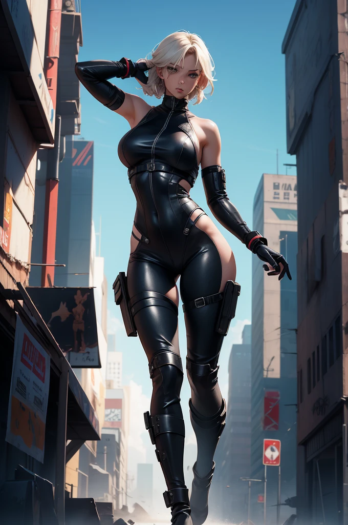Samus Aran with hair pulled back in a ponytail with large breast and big ass in gray armor bodysuit standing on the roof at night