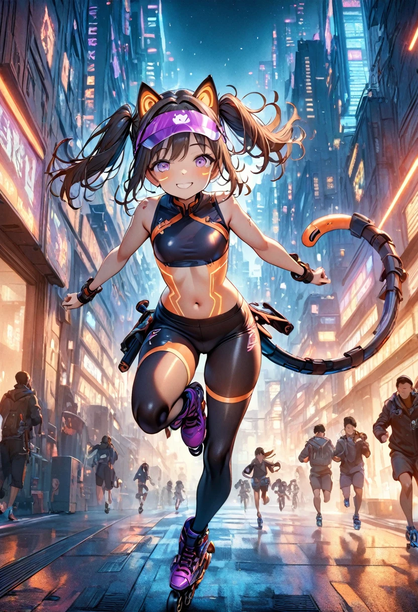 (masterpiece, best quality, ultra detailed, high resolution, detailed facial description), (1 woman:1.3), cute face, slant eyes, (dark brown hair, twin tails), (Equipped with a machine made violet cat face shaped visor:1.5), (dark violet body wear, Body wear that shows your navel, body wear with fluorescent orange glowing lines:1.2), (dark violet bike shorts, Bike shorts with glowing fluorescent orange lines:1.2), Connect the two mechanical tail attachments to the back.1.2, inline skates, (smile:1.2), (Dynamic posing:1.2, running around on inline skates:1.3), (cyberpunk, skyscraper)