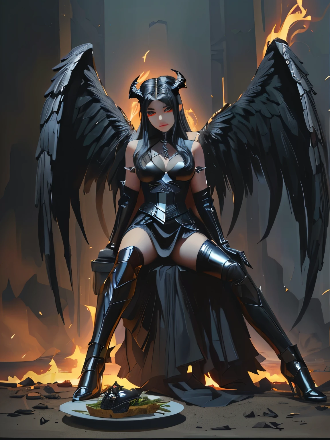 Goddess sitting on a stone throne, In the old castle, (Realistic picture, highest resolution, 16ก), (A demon with wide wings and immense power on her shoulders., Twelve wings on the shoulders., Three black bat wings:1.5 , 3 white angel wings:1.5), Has 100 wings on the shoulders, There are 1000 wings that flow., Twelve wings on the shoulders., black bat wings:1.3 white angel wings:1.5), 6 angel wings, 6 devil wings, ((Small pieces of armor), The horns that grow out of the skull like a crown, Resolution 4000 x 2250 pixels, beautiful gesture, Angel wings and devil wings, (Realistic picture, highest resolution, 16K), (RAW shooting:1.5, realistic:1.5, Fantasyมืด:1.5, 8ก), (Highest quality, Masterpiece, Ultra high resolution), The Desolated Demon World, ((Perfect dynamic composition:1.7, A mole on the bone that looks like a tattoo:1.6)), Six pairs of large wings, ปีกDemon Godขนาดใหญ่, ความใหญ่โตของปีกDemon God, Amazing wings, woman with wings, Interior scene of an ancient castle, castle ruins, Demon God, Magic, magic, Fantasy,