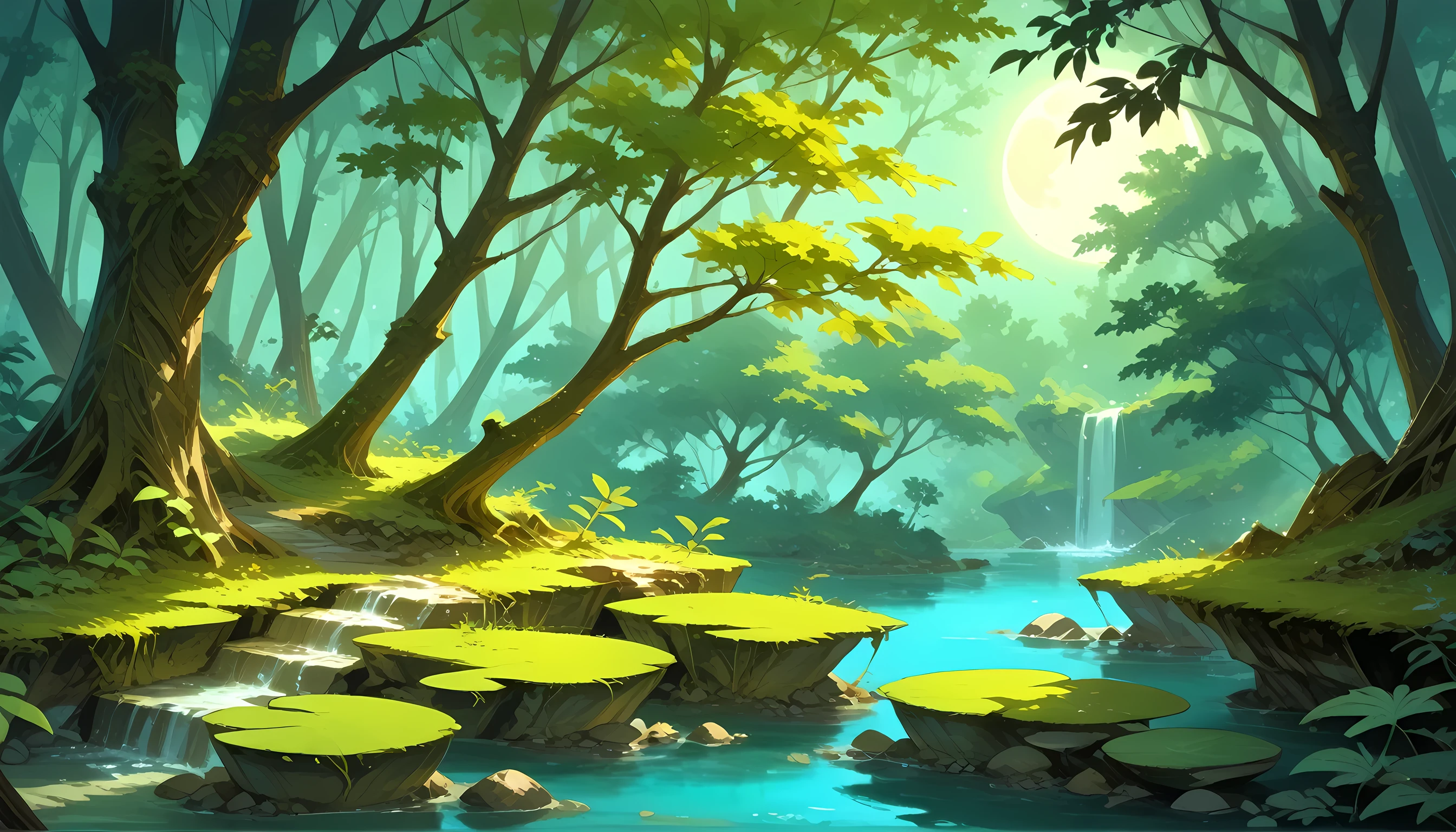 score_9, score_8_up, score_7, there is a stream of water in a dark forest, the moon is reflected in the stream, some leafs rest in the stream, moon rays, National Geographic photoshoot,