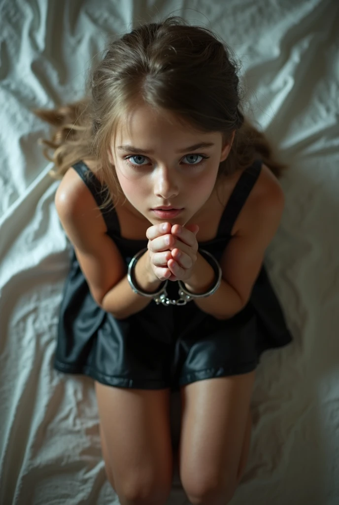 Fully body shot, young teen, young girl, (looking at camera,) wearing black leather miniskirt, wearing leather crop top, barefoot, kneeling on ground in bedroom, (mouth very wide open and sad,) hands in a prayer position, soft white lighting, top down view, blue eyes, wearing handcuffs on wrists, wearing collar around neck. ((Realistic image. Real photograph.))