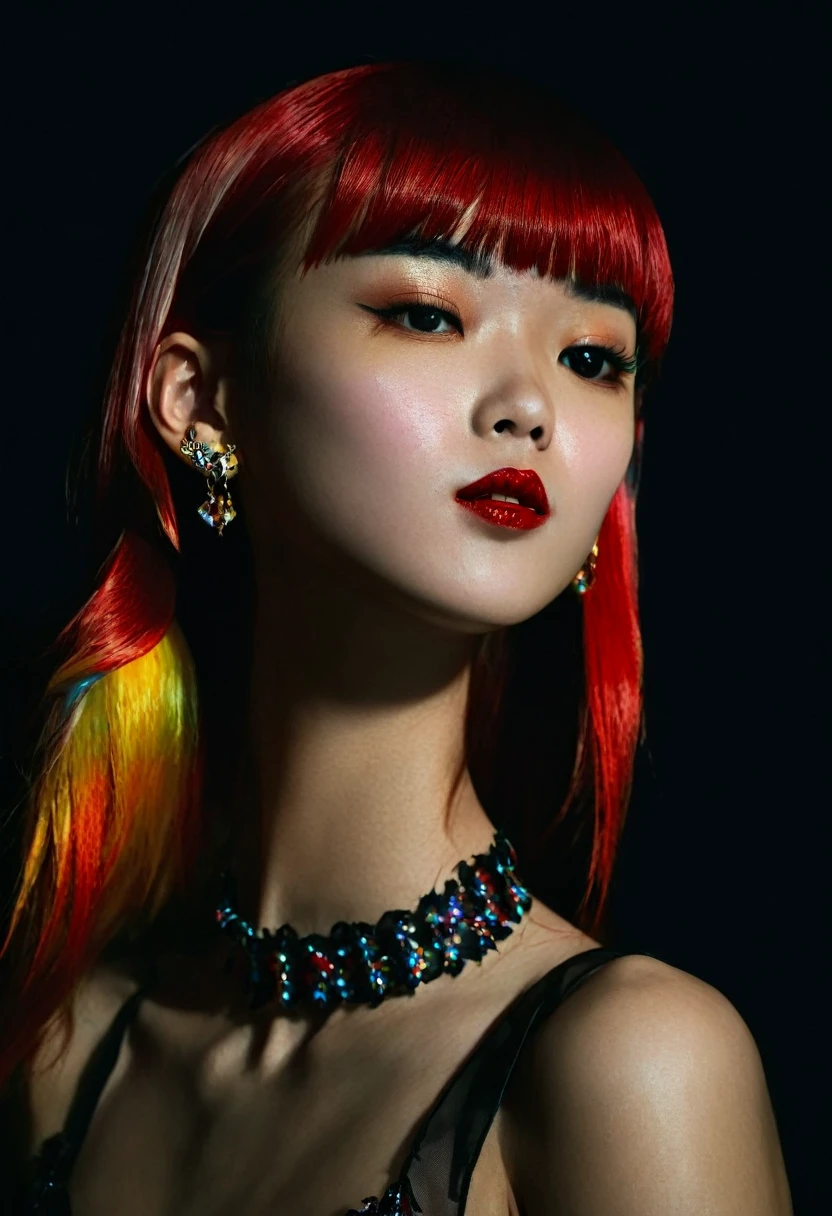 photorealistic portrait of stunning oriental goth woman, long multicoloured hair, platinum with blue and red, bangs, lips parted, seductive, sultry, lustful, choker, long earrings, sexy blouse, silhouetted, light hitting one side of face, the other side in darkness