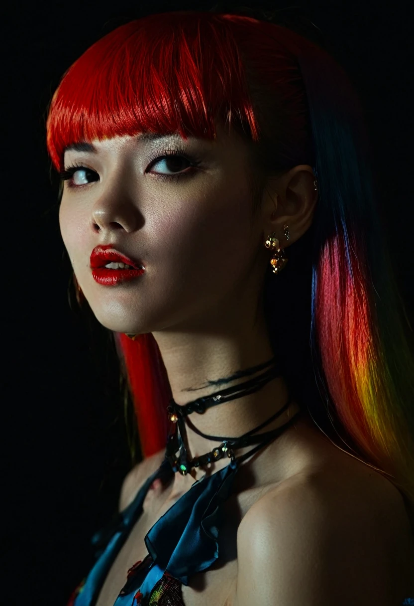 photorealistic portrait of stunning oriental goth woman, long multicoloured hair, platinum with blue and red, bangs, lips parted, seductive, sultry, lustful, choker, long earrings, sexy blouse, silhouetted, light hitting one side of face, the other side in darkness